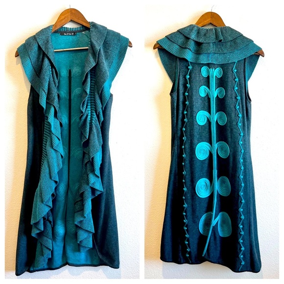 Nic+Zoe Long Ruffle Sweater Vest Small Gray Teal Turquoise Boho Artsy Layered - Picture 1 of 9